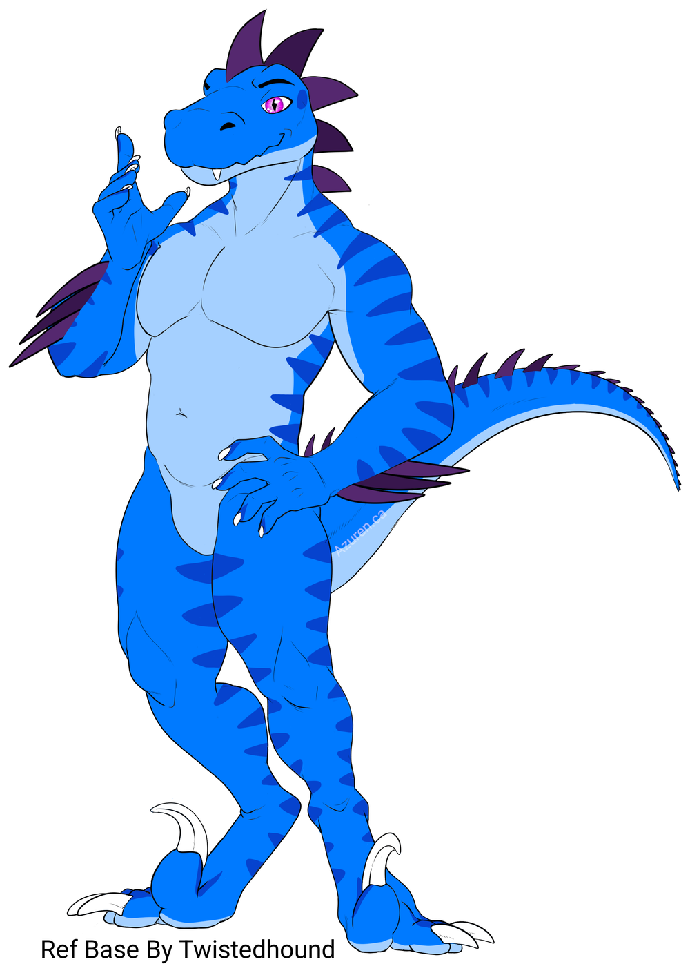 Reference art of Azuren, a blue raptor with purple spines, standing with one hand on his hip. Ref base by Twistedhound.